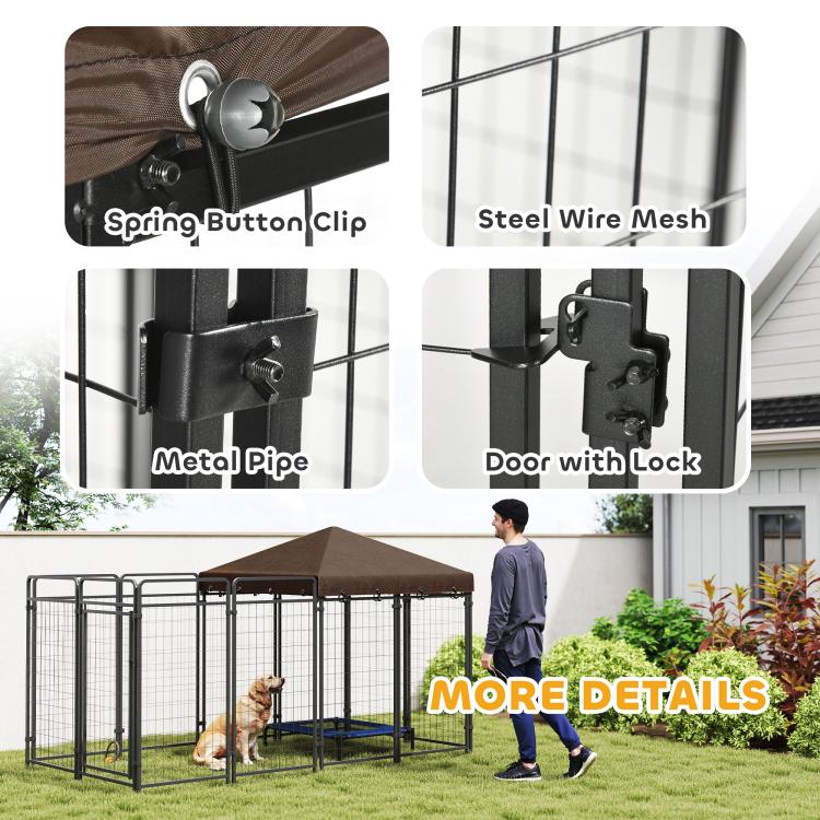 Dog kennel hardware detail: spring button clip, metal pipe, steel mesh, door with lock