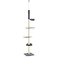 Adjustable floor-to-ceiling cat tower with multiple carpeted levels and hanging perches