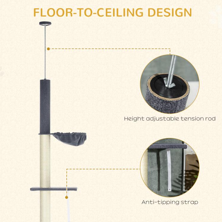 Floor-to-ceiling cat tower design with height-adjustable tension rod and anti-tipping strap
