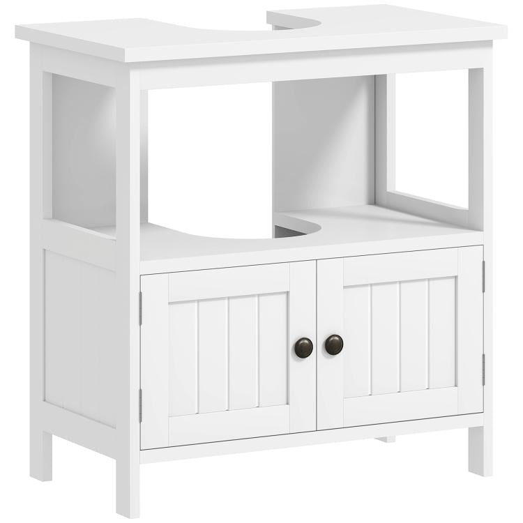 White bathroom vanity storage cabinet with 2 doors and open shelf under sink