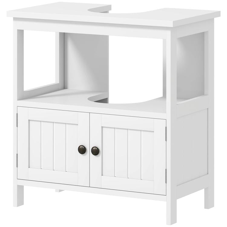 White under-sink storage cabinet with open shelf and two front cabinet doors