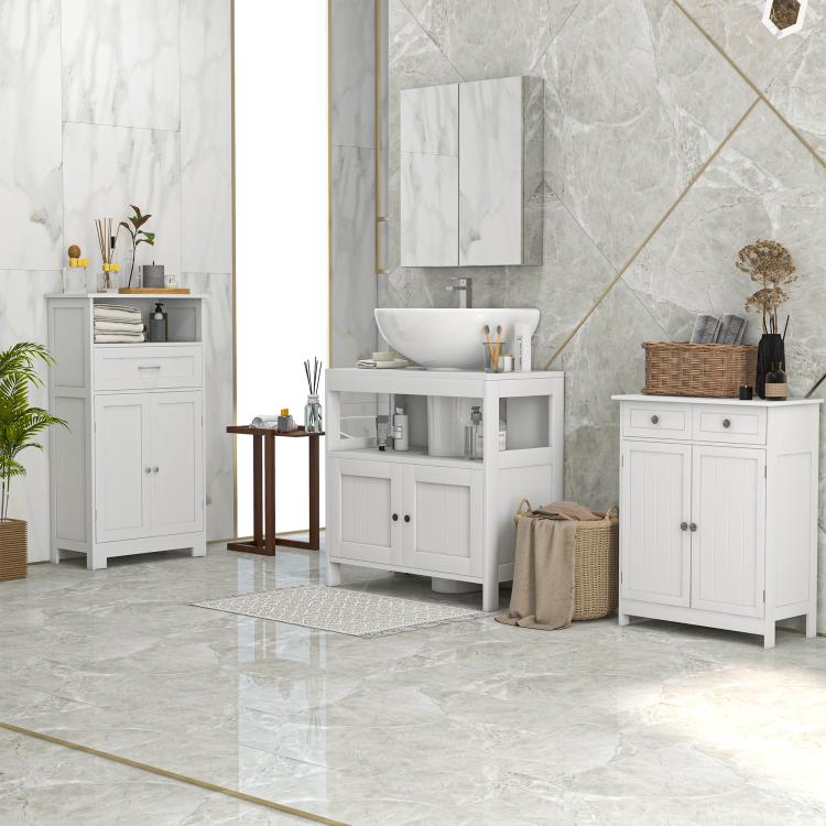 White under-sink storage cabinet with 2 doors and open shelf, bathroom vanity style
