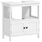 White bathroom cabinet with open shelf, two paneled doors, and round metal knobs