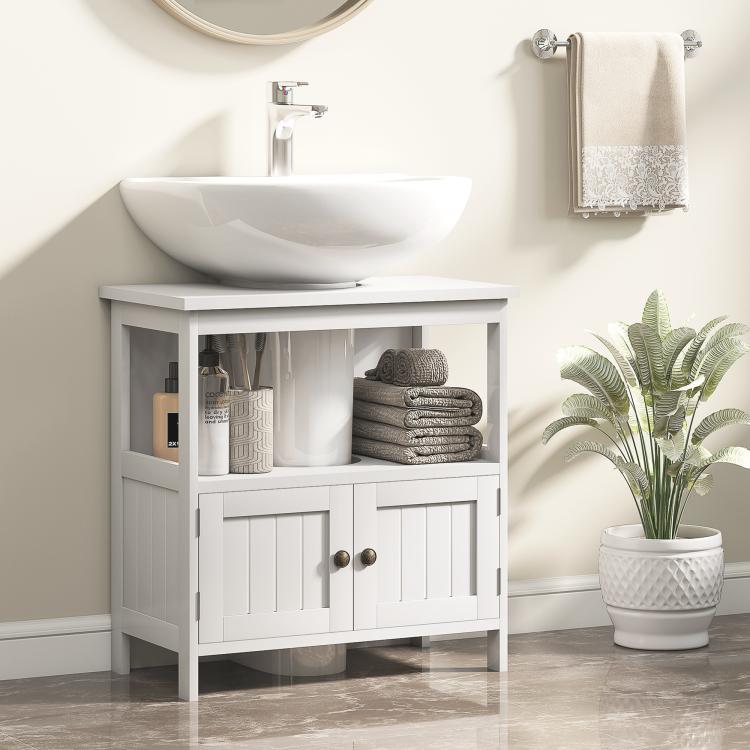 White bathroom under-sink cabinet with open shelf and two-door storage center