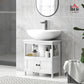 White bathroom sink vanity cabinet with open shelf and two-door lower storage