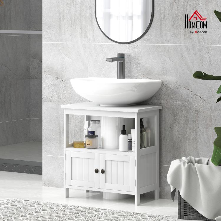White bathroom sink vanity cabinet with open shelf and two-door lower storage