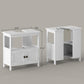 White bathroom cabinet dimensions view: open shelf and two-door base storage