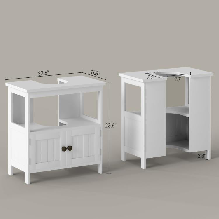 White bathroom cabinet dimensions view: open shelf and two-door base storage