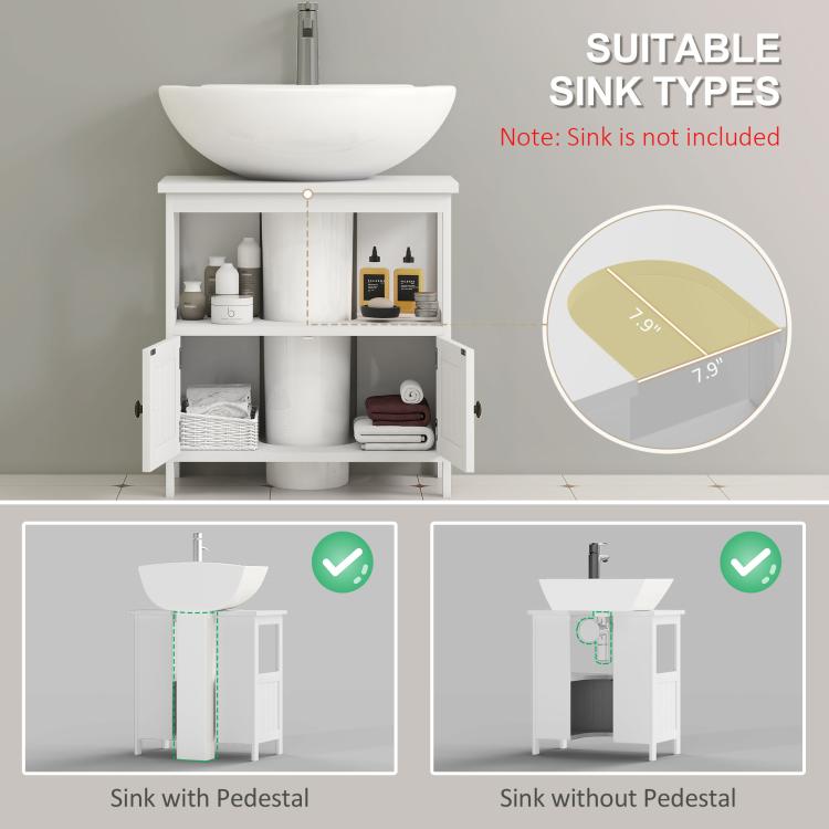 White under-sink cabinet shown open with shelving for storage compartments