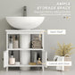 White bathroom sink storage cabinet with open shelf and two-door cabinet section