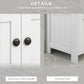 White cabinet door detail with round knobs and vertical panel molding