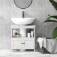 White under-sink cabinet with open shelf and two-door storage, countertop included