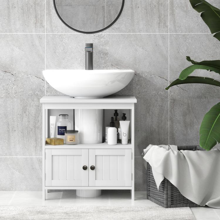 White under-sink cabinet with open shelf and two-door storage, countertop included