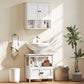 White bathroom pedestal sink storage cabinet with open shelf and two-door cabinet