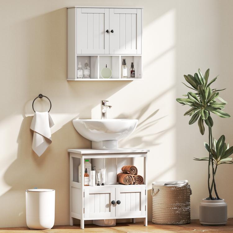 White bathroom pedestal sink storage cabinet with open shelf and two-door cabinet