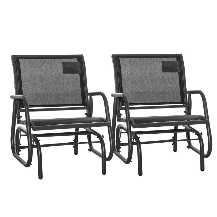 Outdoor rocking glider chair set with gray mesh seats and black curved armrests