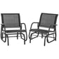 Pair of outdoor rocking glider chairs, black frame with gray mesh backs and seats