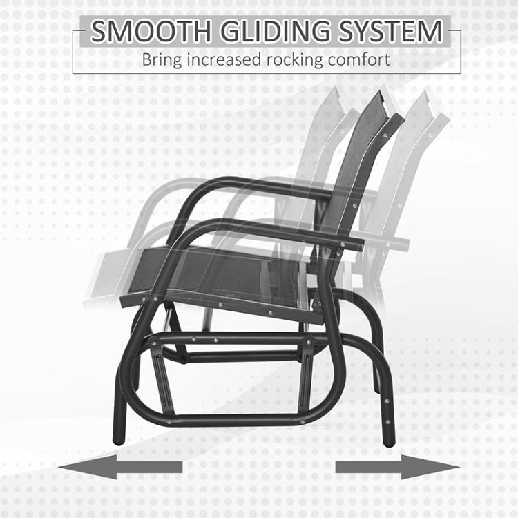 Black outdoor rocking glider chair with gray mesh seat and back in smooth sliding motion