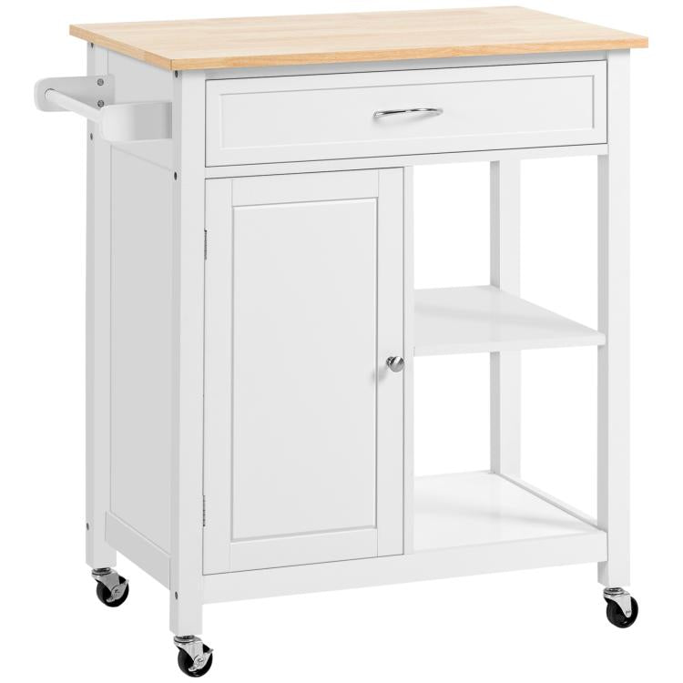White rolling kitchen island cart with solid wood top, drawer, cabinet door, open shelf