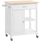 White rolling kitchen island cart with light wood top, drawer, cabinet door, open shelf.