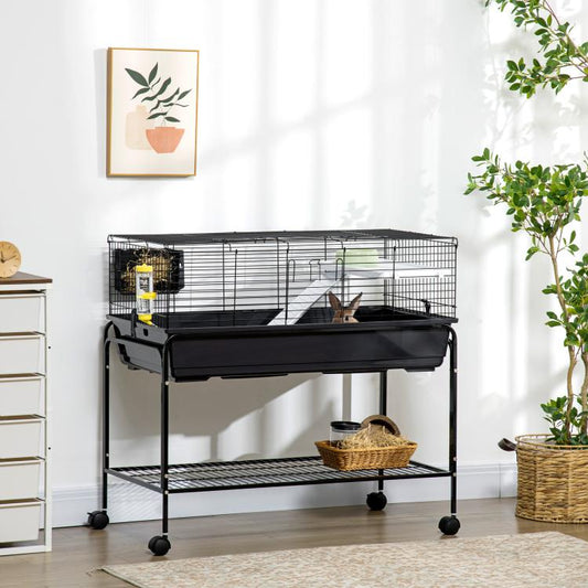 Black two-story small animal cage with open top ramp and front access doors
