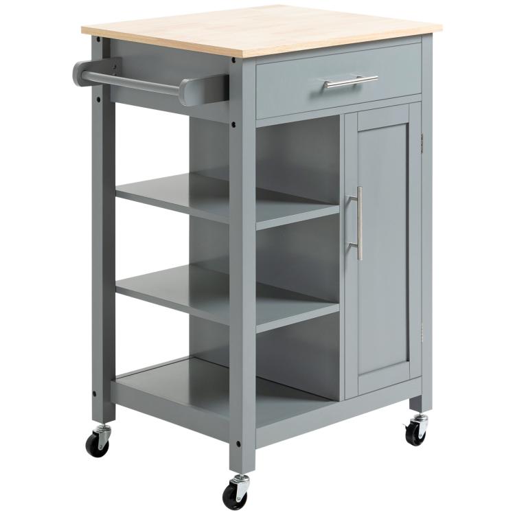 Gray rolling kitchen island cart with light wood top, open shelves, cabinet door, and drawer