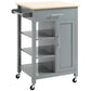 Gray rolling kitchen island cart with wood top, drawer, door cabinet and wheels
