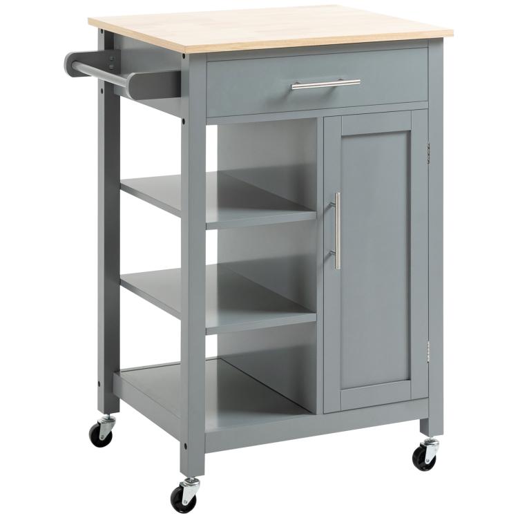 Gray rolling kitchen island cart with wood top, drawer, door cabinet and wheels