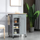 Gray kitchen island cart with light wood top, drawer, cabinet doors, and open storage shelves