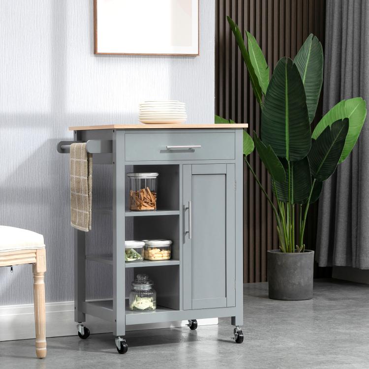 Gray kitchen island cart with light wood top, drawer, cabinet doors, and open storage shelves