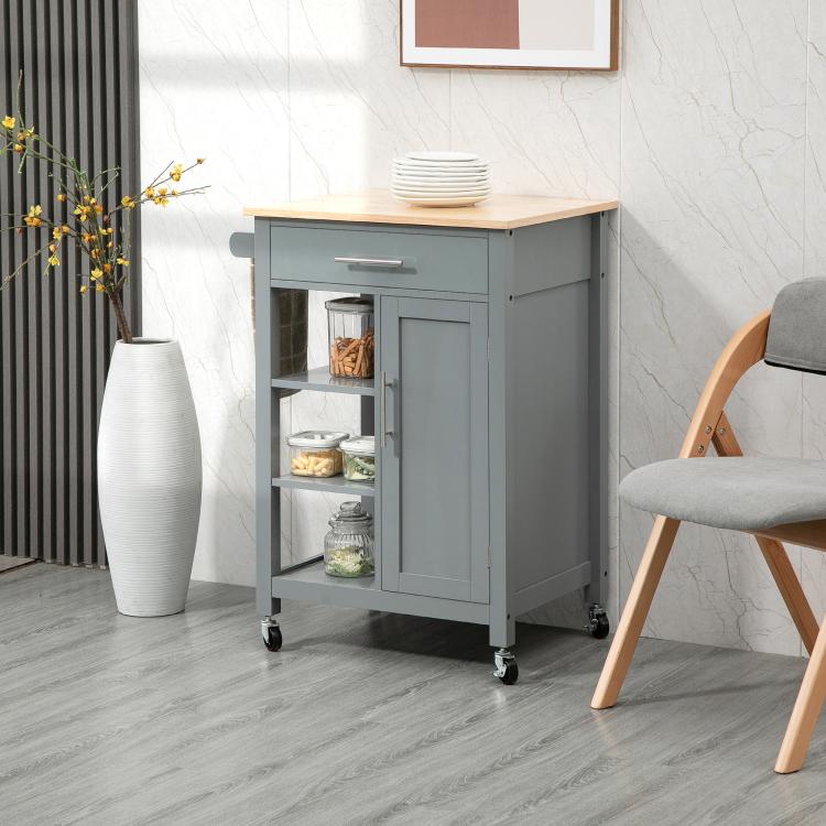 Gray kitchen island cart with light wood top, drawer front, and cabinet doors with open shelving