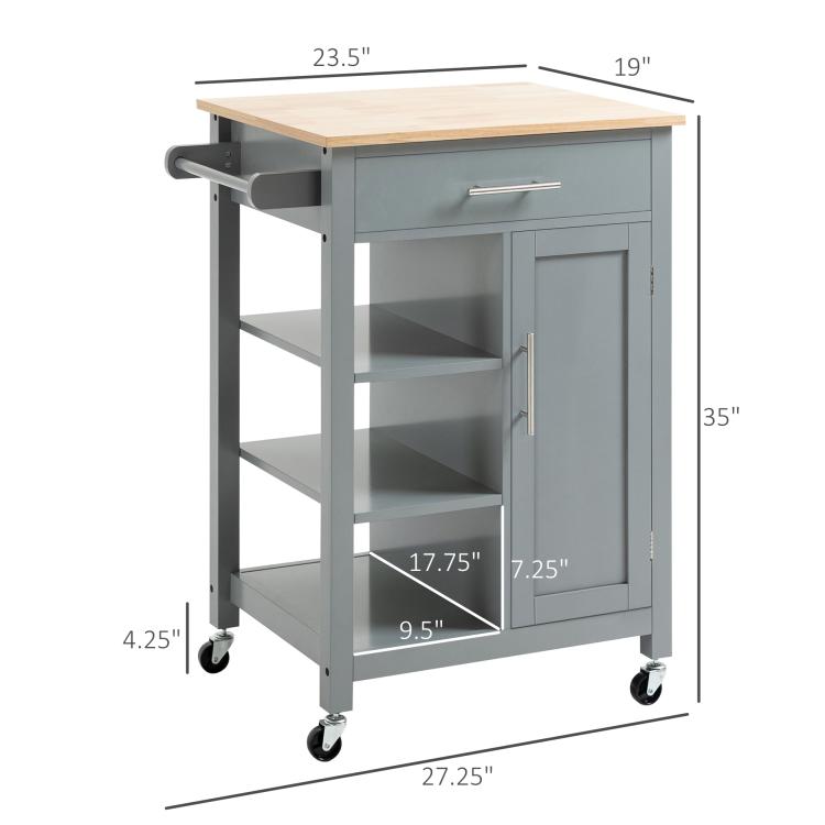 Gray kitchen island cart with light wood top, drawer, cabinet doors, and open shelves on wheels
