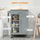 Gray kitchen island cart showing drawer, cabinet, open shelves, and handle on light wood top