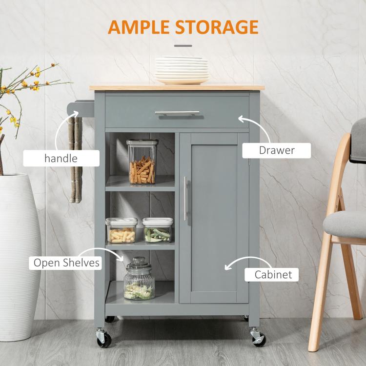 Gray kitchen island cart showing drawer, cabinet, open shelves, and handle on light wood top