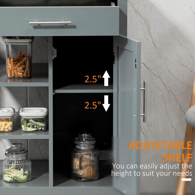 Adjustable cabinet shelf inside gray storage compartment with jars and clear height markings