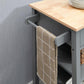 Gray kitchen island cart side towel holder and open shelf under the light wood top