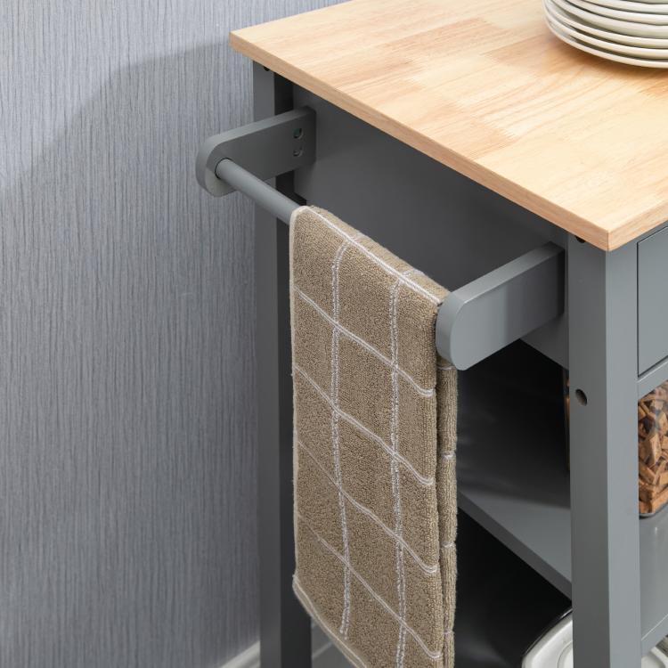Gray kitchen island cart side towel holder and open shelf under the light wood top