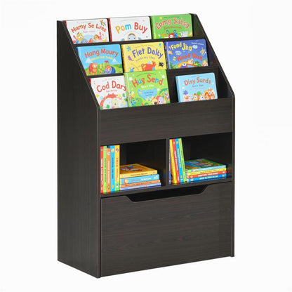 Kids multi-shelf book rack with top display and open cubby shelves, brown wood.
