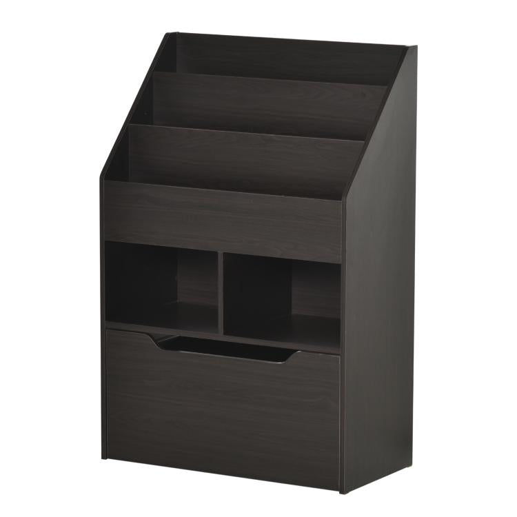 Kids book rack with two open shelves and a pull-out drawer, dark brown finish.