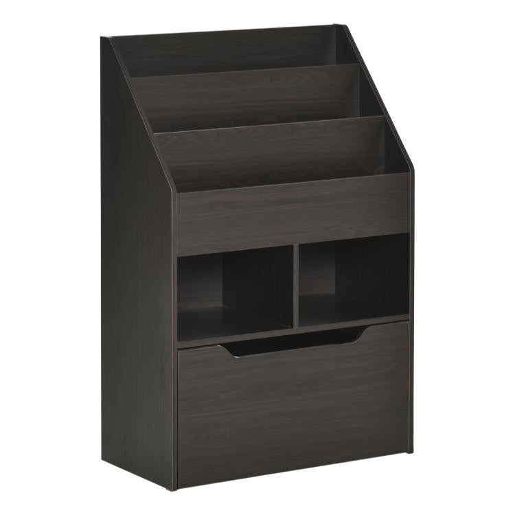Kids bookcase with 3 open shelves and built-in drawer, dark brown