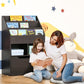 Kids book rack and pull-out drawer unit in dark brown with book display on top.