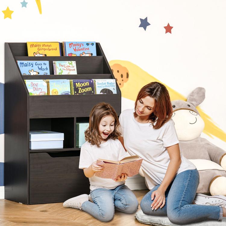 Kids book rack and pull-out drawer unit in dark brown with book display on top.