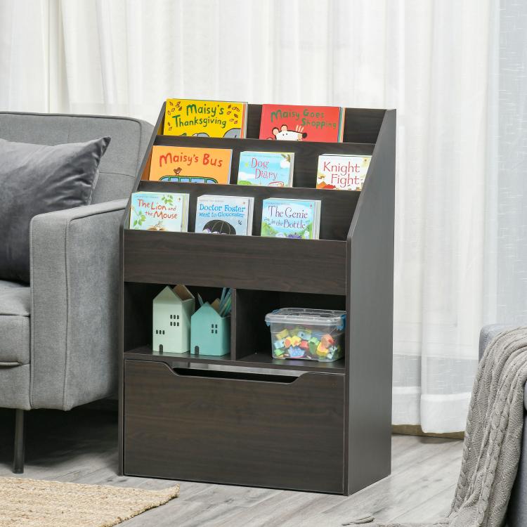 Kids multi-shelf book rack with pull-out drawer, dark brown, books displayed on top.