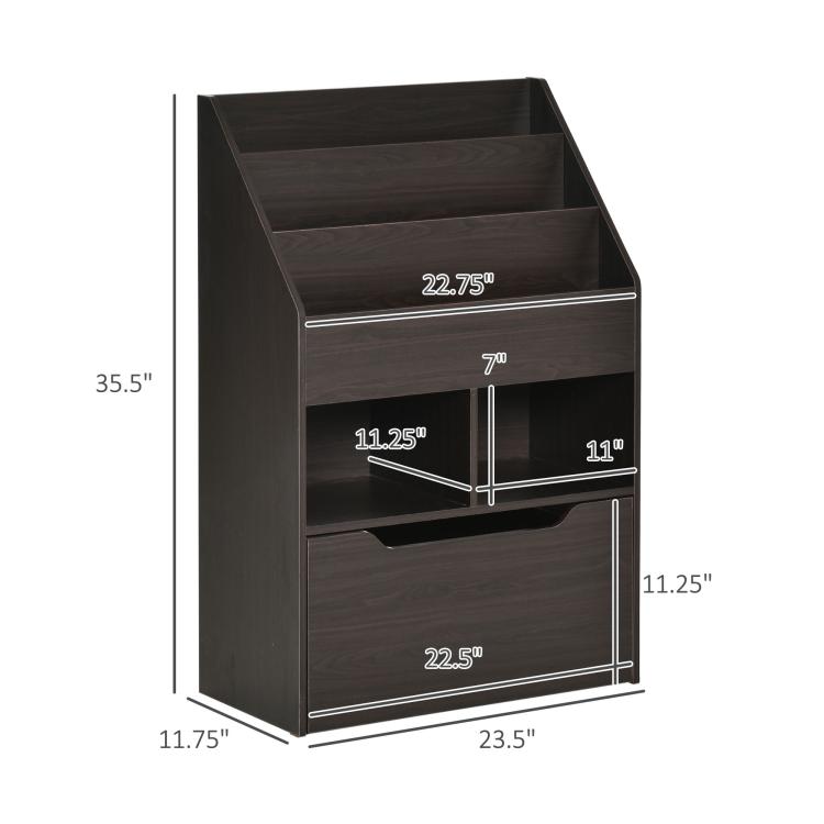 Kids book rack with mobile drawer and three shelves, dark brown, size diagram view.