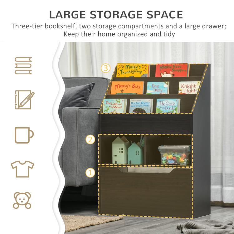 Kids book rack with large drawer and two storage shelves, dark brown, front view.