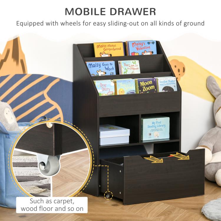 Kids book rack with wheels for sliding drawer, dark brown, books on top shelves.