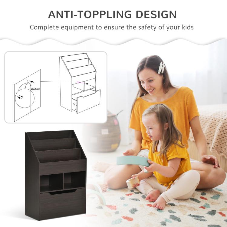 Kids bookcase with anti-tipping design and pull-out drawer, dark brown finish.