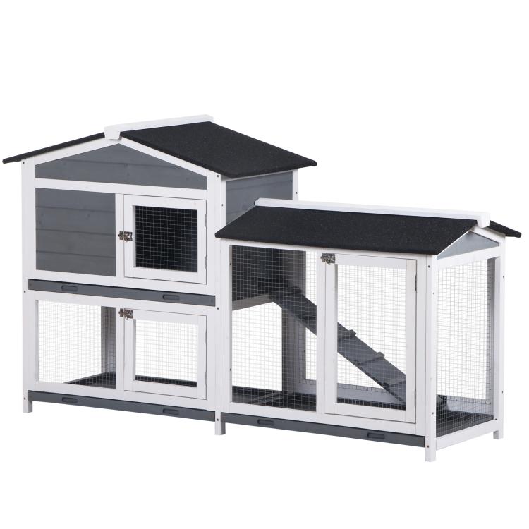 2-tier outdoor rabbit hutch with ramp and side run, white frame and wire doors