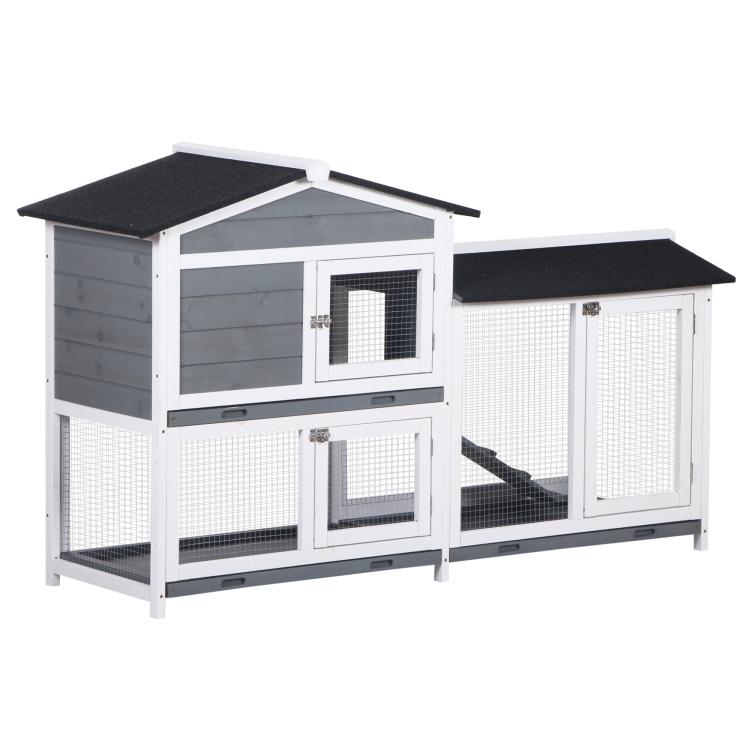 Two-tier wood rabbit hutch with enclosed wire run, ramp, and two door openings
