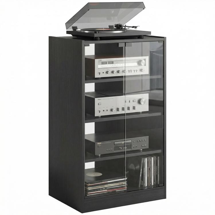 Dark distressed media cabinet with open shelves and clear glass doors
